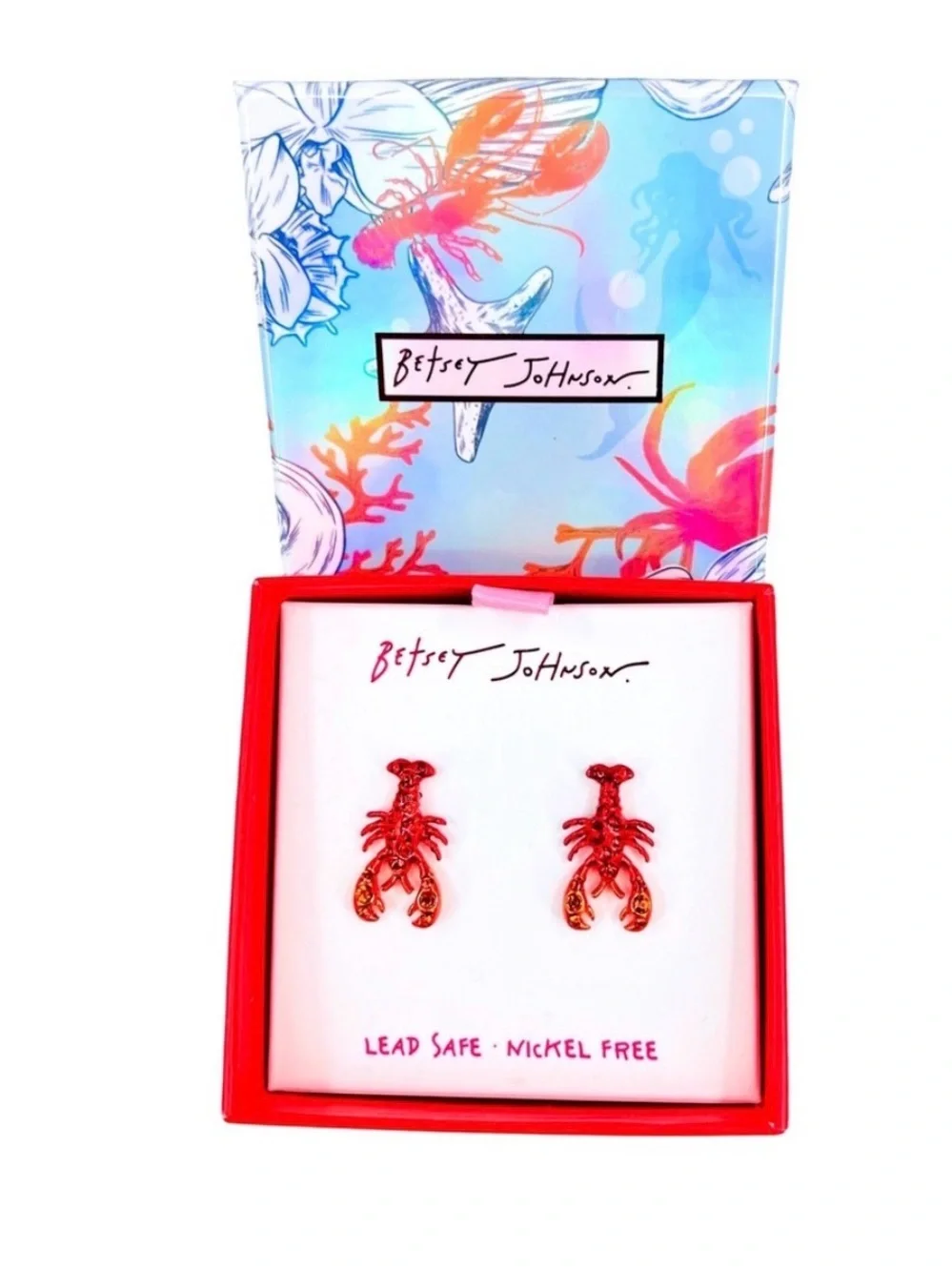 Betsey Johnson Lobster Stud Earrings Red Crystal NWT Gift Box Beachy